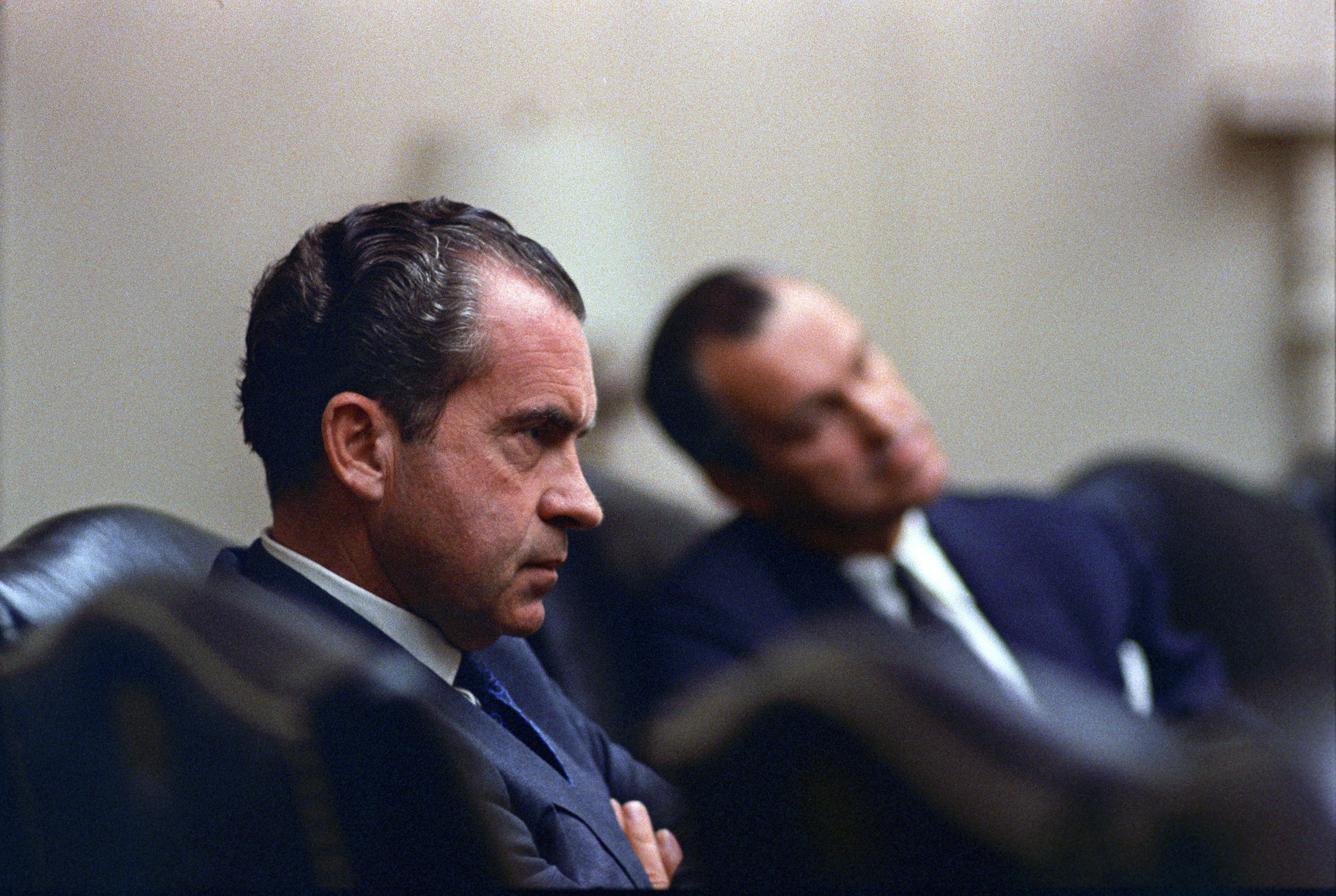 President-elect Richard Nixon and CIA Director Richard Helms sitting in leather chairs